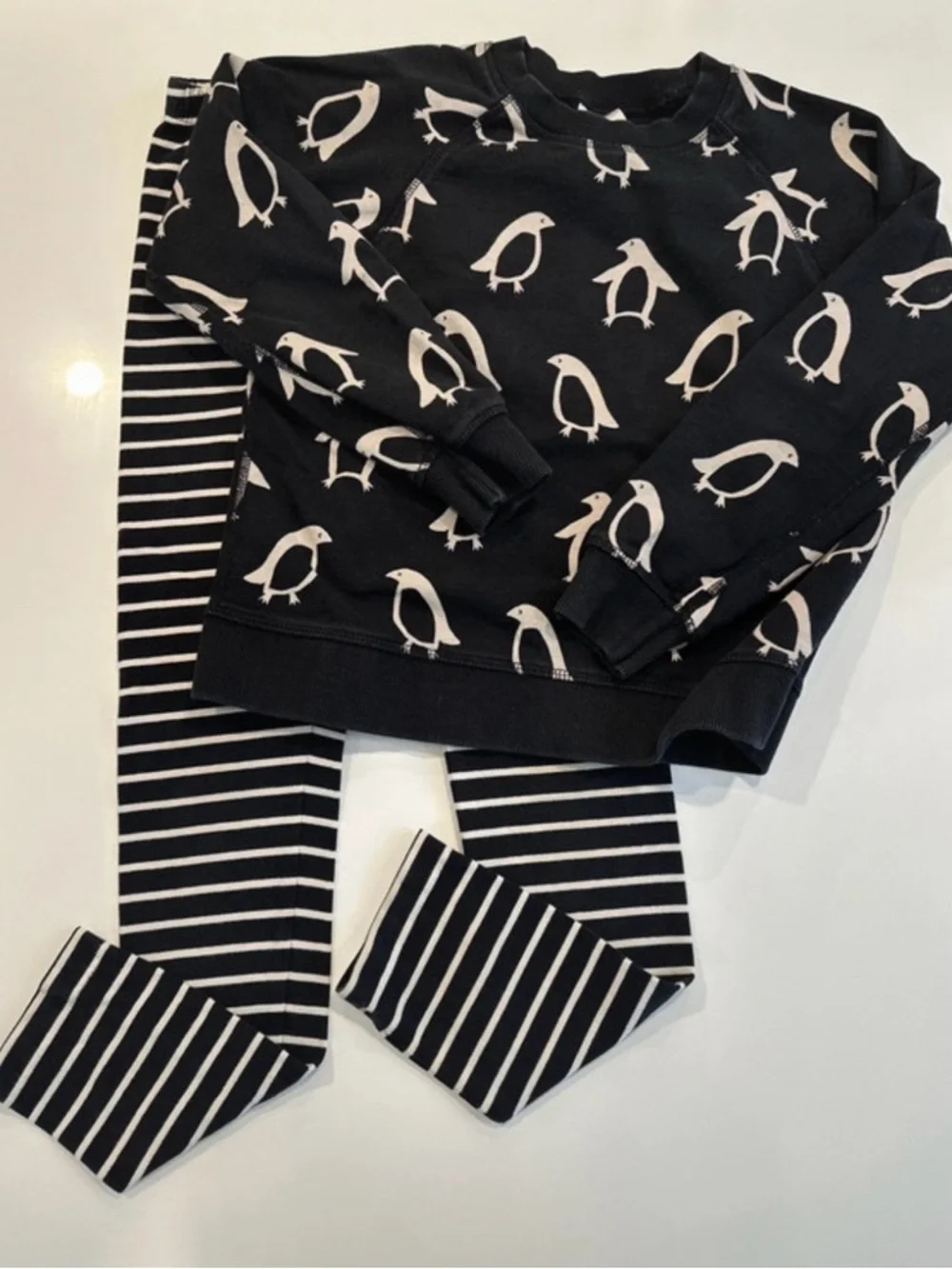 Hanna Andersson Kids Penguin Sweatshirt and Striped Leggings Set Black White‎ 10
